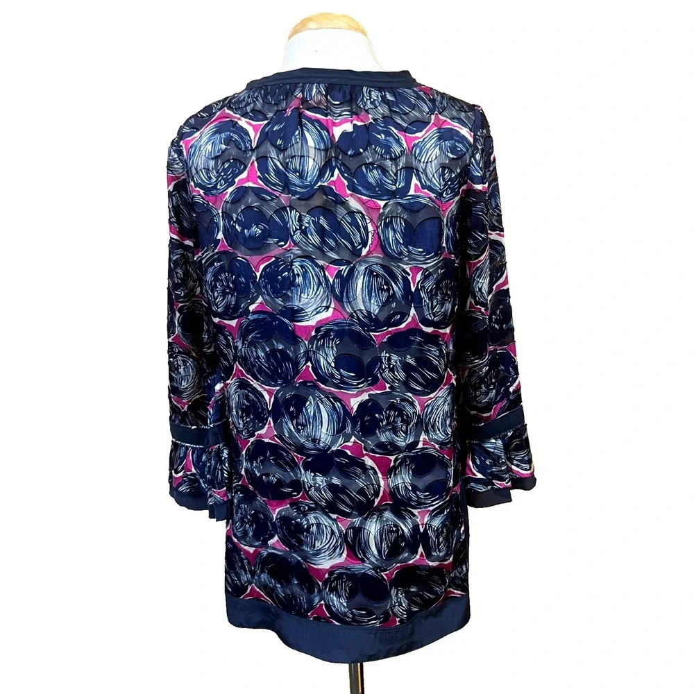 Tory Burch‎ Silk Blend Tunic Top Navy + Orchid Circle Print Keyhole Neck SZ S